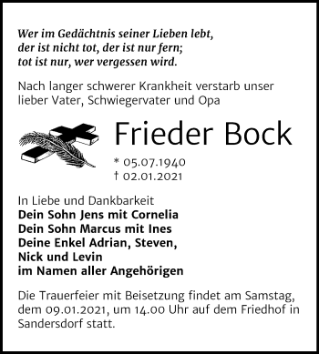 Traueranzeige von Frieder Bock von Mitteldeutsche Zeitung Bitterfeld