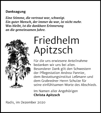 Traueranzeige von Friedhelm Apitzsch von Mitteldeutsche Zeitung Wittenberg