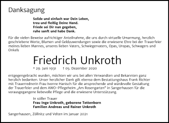 Traueranzeige von Friedrich Unkroth von Mitteldeutsche Zeitung Sangerhausen