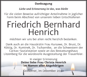 Traueranzeige von Friedrich Bernhard Henrich von Super Sonntag Mansfelder Land