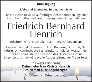 Traueranzeige von Friedrich Bernhard Henrich von Mitteldeutsche Zeitung Mansfelder Land