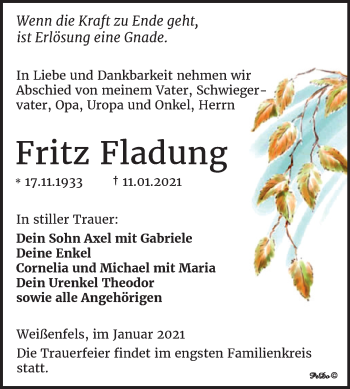 Traueranzeige von Fritz Fladung von Super Sonntag Weißenfels