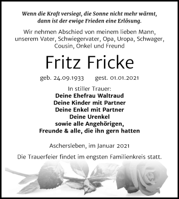 Traueranzeige von Fritz Fricke von Mitteldeutsche Zeitung Aschersleben
