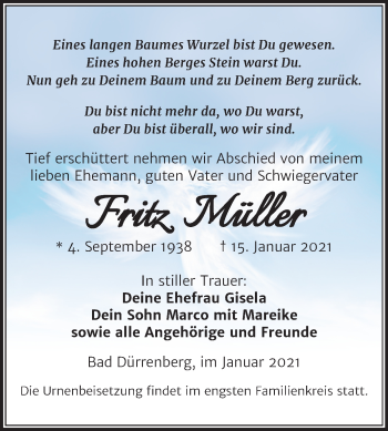 Traueranzeige von Fritz Müller von Super Sonntag Merseburg/Querfurt