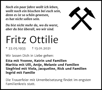 Traueranzeige von Fritz Ottilie von Super Sonntag Sangerhausen