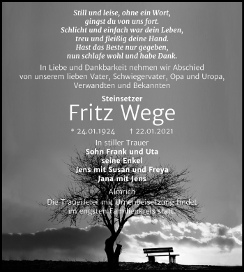Traueranzeige von Fritz Wege von Mitteldeutsche Zeitung Naumburg/Nebra