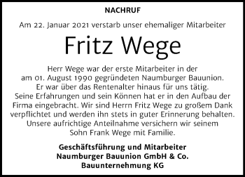 Traueranzeige von Fritz Wege von Mitteldeutsche Zeitung Naumburg/Nebra