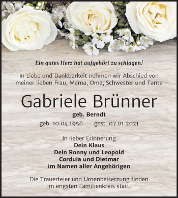 Traueranzeige von Gabriele Brünner von Mitteldeutsche Zeitung Wittenberg