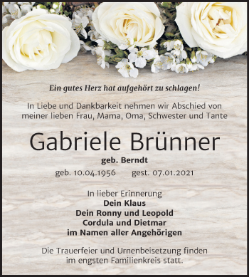 Traueranzeige von Gabriele Brünner von Super Sonntag Wittenberg