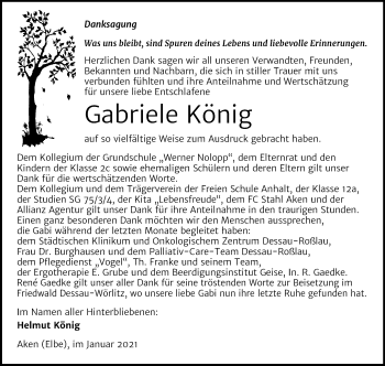 Traueranzeige von Gabriele König von Mitteldeutsche Zeitung Köthen