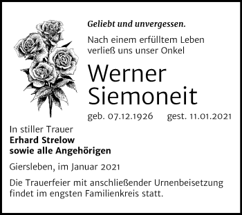 Traueranzeige von Geliebt Siemoneit von Mitteldeutsche Zeitung Aschersleben