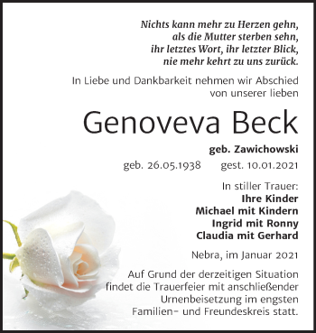 Traueranzeige von Genoveva Beck von Super Sonntag Naumburg/Nebra