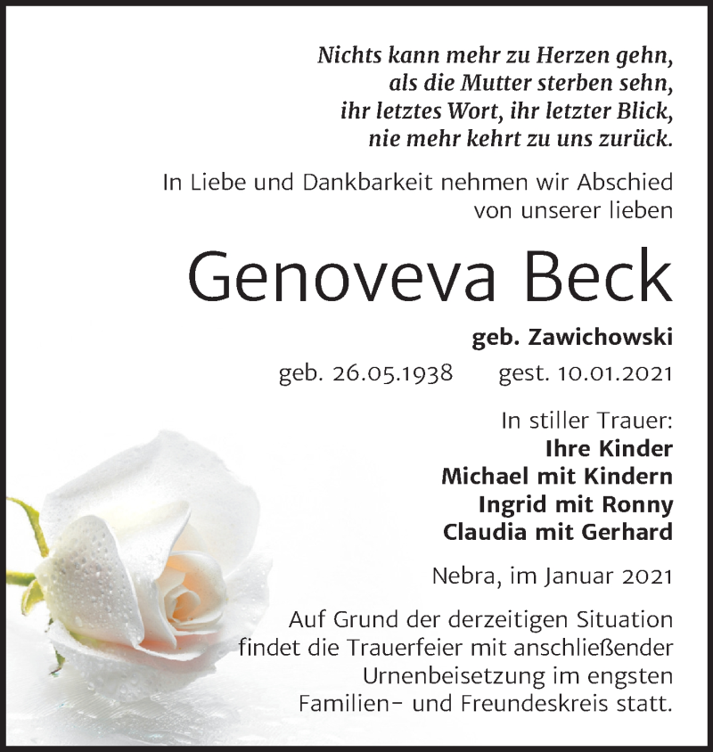  Traueranzeige für Genoveva Beck vom 16.01.2021 aus Super Sonntag Naumburg/Nebra
