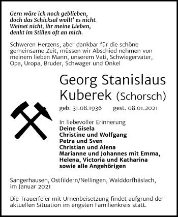 Traueranzeige von Georg Stanislaus Kuberek von Super Sonntag Sangerhausen