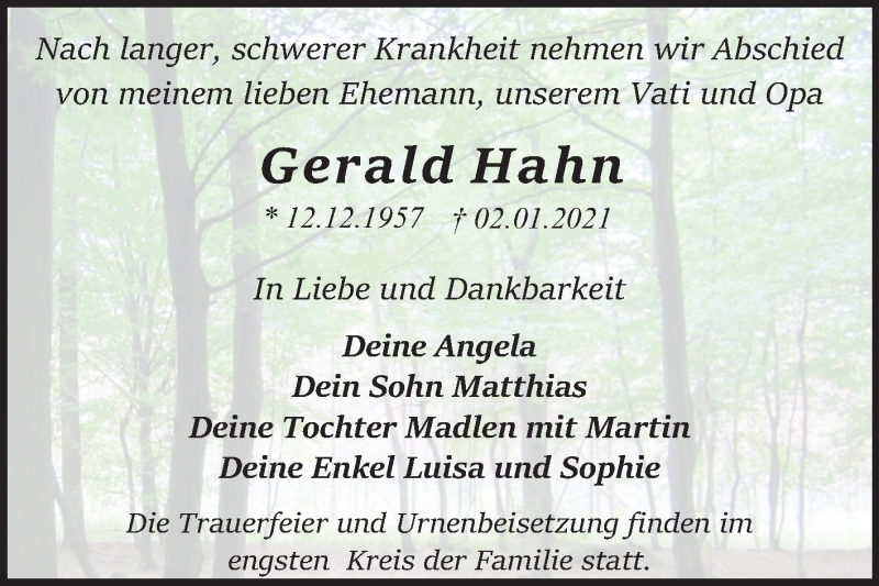  Traueranzeige für Gerald Hahn vom 16.01.2021 aus Super Sonntag Dessau-Roßlau