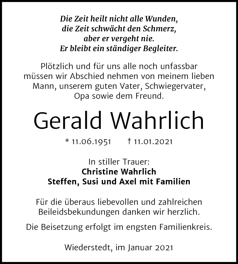  Traueranzeige für Gerald Wahrlich vom 19.01.2021 aus Mitteldeutsche Zeitung Mansfelder Land