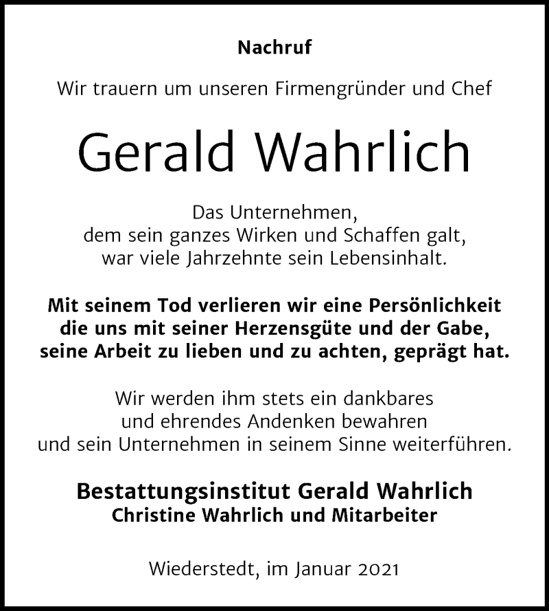  Traueranzeige für Gerald Wahrlich vom 22.01.2021 aus Mitteldeutsche Zeitung Mansfelder Land