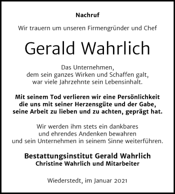 Traueranzeige von Gerald Wahrlich von Mitteldeutsche Zeitung Mansfelder Land