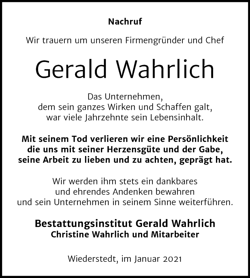  Traueranzeige für Gerald Wahrlich vom 23.01.2021 aus Super Sonntag Mansfelder Land