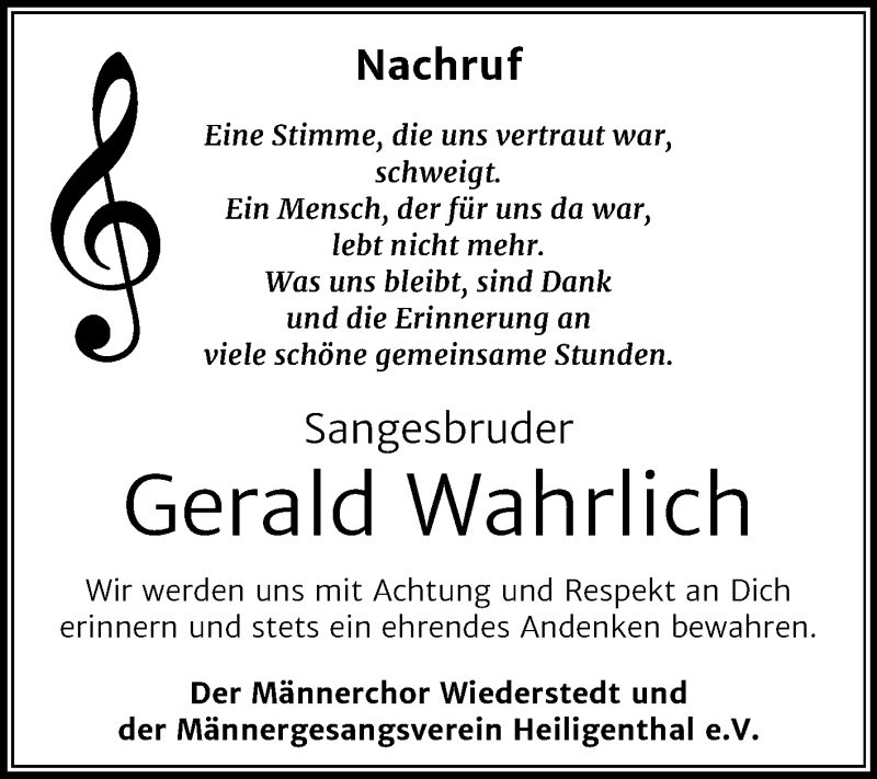  Traueranzeige für Gerald Wahrlich vom 30.01.2021 aus Super Sonntag Mansfelder Land