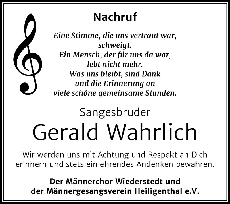  Traueranzeige für Gerald Wahrlich vom 30.01.2021 aus Mitteldeutsche Zeitung Mansfelder Land