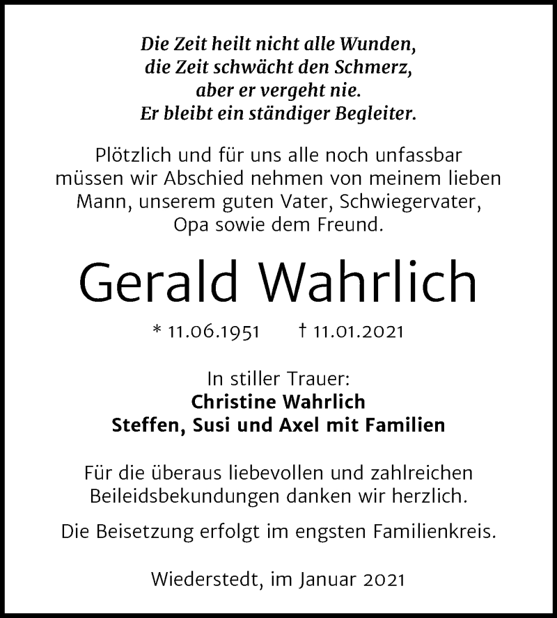  Traueranzeige für Gerald Wahrlich vom 23.01.2021 aus Super Sonntag Mansfelder Land