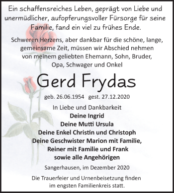 Traueranzeige von Gerd Frydas von Super Sonntag Sangerhausen