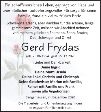 Traueranzeige von Gerd Frydas von Mitteldeutsche Zeitung Sangerhausen