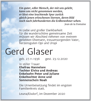 Traueranzeige von Gerd Glaser von Super Sonntag Merseburg/Querfurt