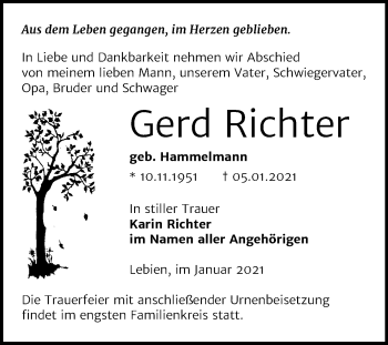 Traueranzeige von Gerd Richter von Mitteldeutsche Zeitung Wittenberg