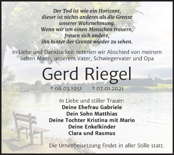 Traueranzeige von Gerd Riegel von Mitteldeutsche Zeitung Bitterfeld