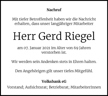 Traueranzeige von Gerd Riegel von Mitteldeutsche Zeitung Bitterfeld / Köthen