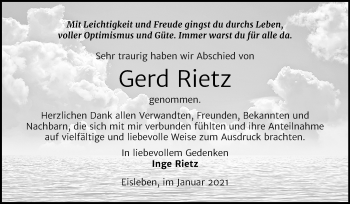Traueranzeige von Gerd Rietz von Mitteldeutsche Zeitung Mansfelder Land