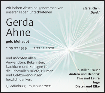 Traueranzeige von Gerda Ahne von Mitteldeutsche Zeitung Quedlinburg