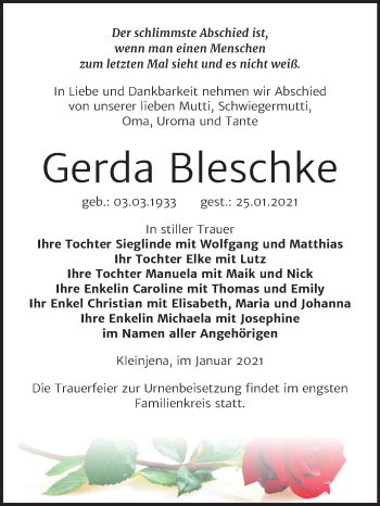 Traueranzeige von Gerda Bleschke von Mitteldeutsche Zeitung Naumburg/Nebra