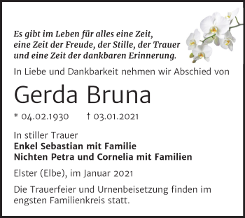 Traueranzeige von Gerda Bruna von Mitteldeutsche Zeitung Wittenberg