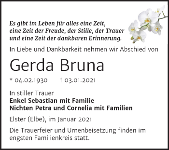 Traueranzeige von Gerda Bruna von Super Sonntag Wittenberg