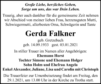 Traueranzeige von Gerda Falkner von Mitteldeutsche Zeitung Halle/Saalkreis