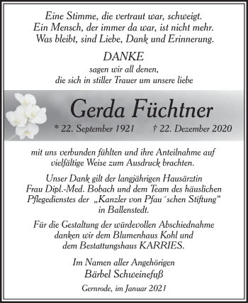 Traueranzeige von Gerda Füchtner von Super Sonntag Quedlinburg