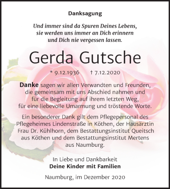 Traueranzeige von Gerda Gutsche von Super Sonntag Naumburg/Nebra