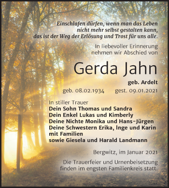 Traueranzeige von Gerda Jahn von Super Sonntag Wittenberg
