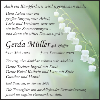 Traueranzeige von Gerda Müller von Mitteldeutsche Zeitung Quedlinburg