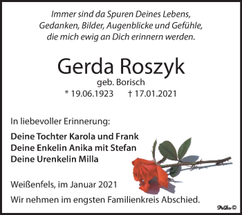 Traueranzeige von Gerda Roszyk von Mitteldeutsche Zeitung Weißenfels