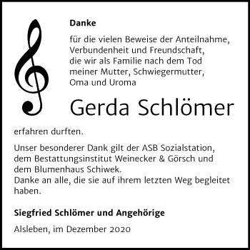 Traueranzeige von Gerda Schlömer von Mitteldeutsche Zeitung Bernburg