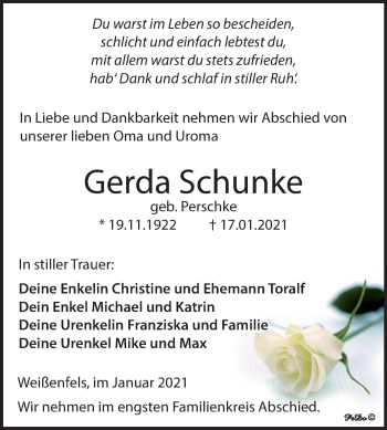 Traueranzeige von Gerda Schunke von Mitteldeutsche Zeitung Weißenfels