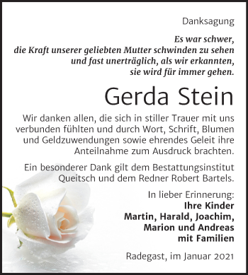 Traueranzeige von Gerda Stein von Mitteldeutsche Zeitung Köthen