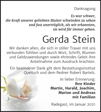 Traueranzeige von Gerda Stein von Super Sonntag Köthen
