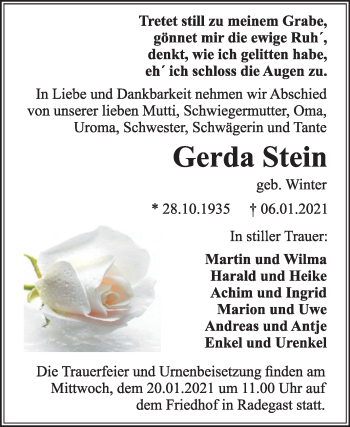 Traueranzeige von Gerda Stein von Super Sonntag Köthen