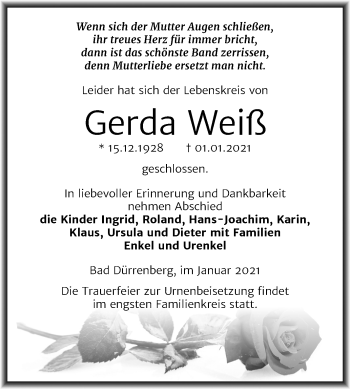 Traueranzeige von Gerda Weiß von Mitteldeutsche Zeitung Merseburg/Querfurt