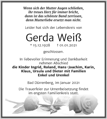 Traueranzeige von Gerda Weiß von Super Sonntag Merseburg/Querfurt